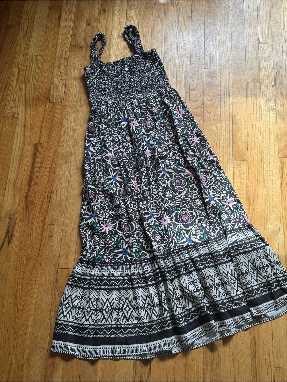 Marine Layer Black Floral Smocked Maxi Dress with Pastel Accents